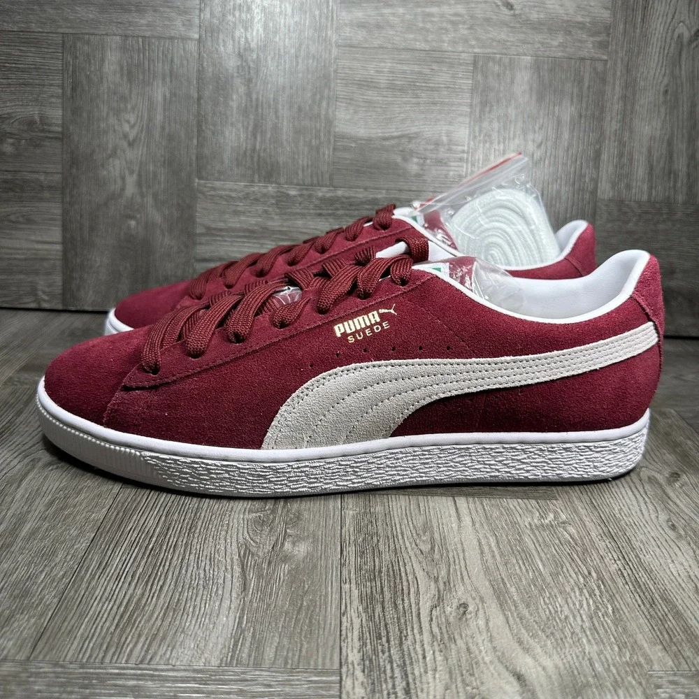 Puma Suede Sneakers Mens 11.5 Burgundy White Classic Low Top NEW